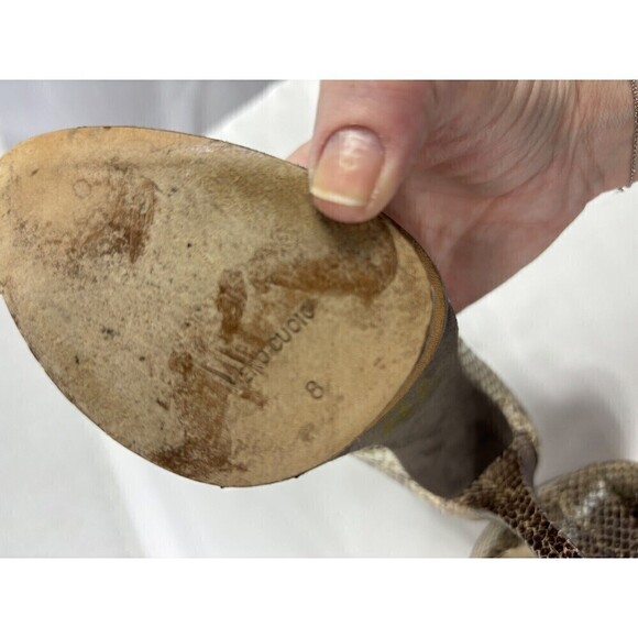 Brian Atwood Florencia Platform Heels Snake Print Brown Tan 8 Open Peep Toe - Picture 12 of 13